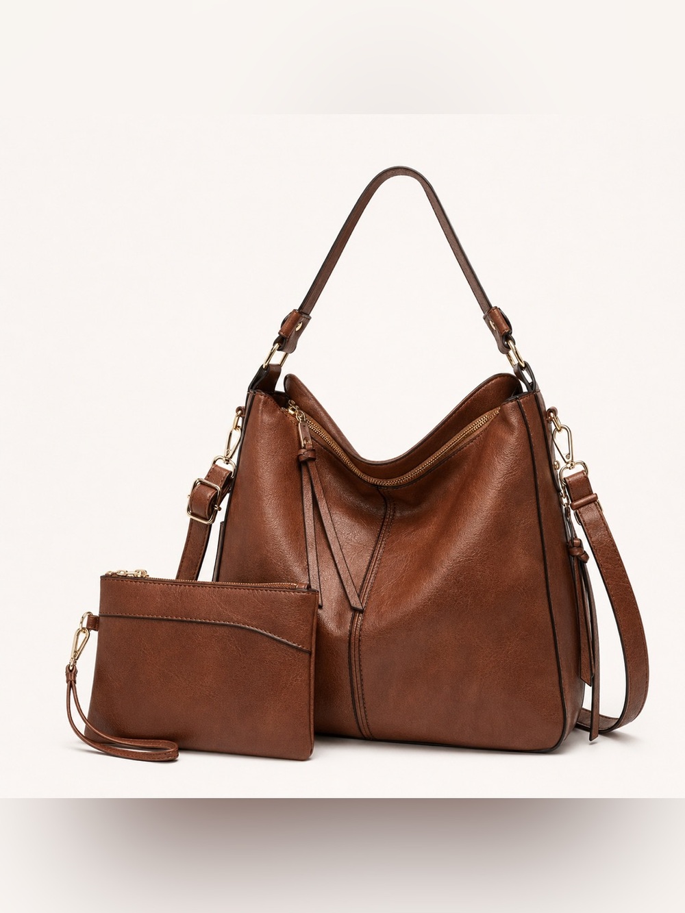 Brown Faux Leather Slouchy Hobo Shoulder Bag NWT Side Pockets Crossbody Strap - Picture 2 of 11